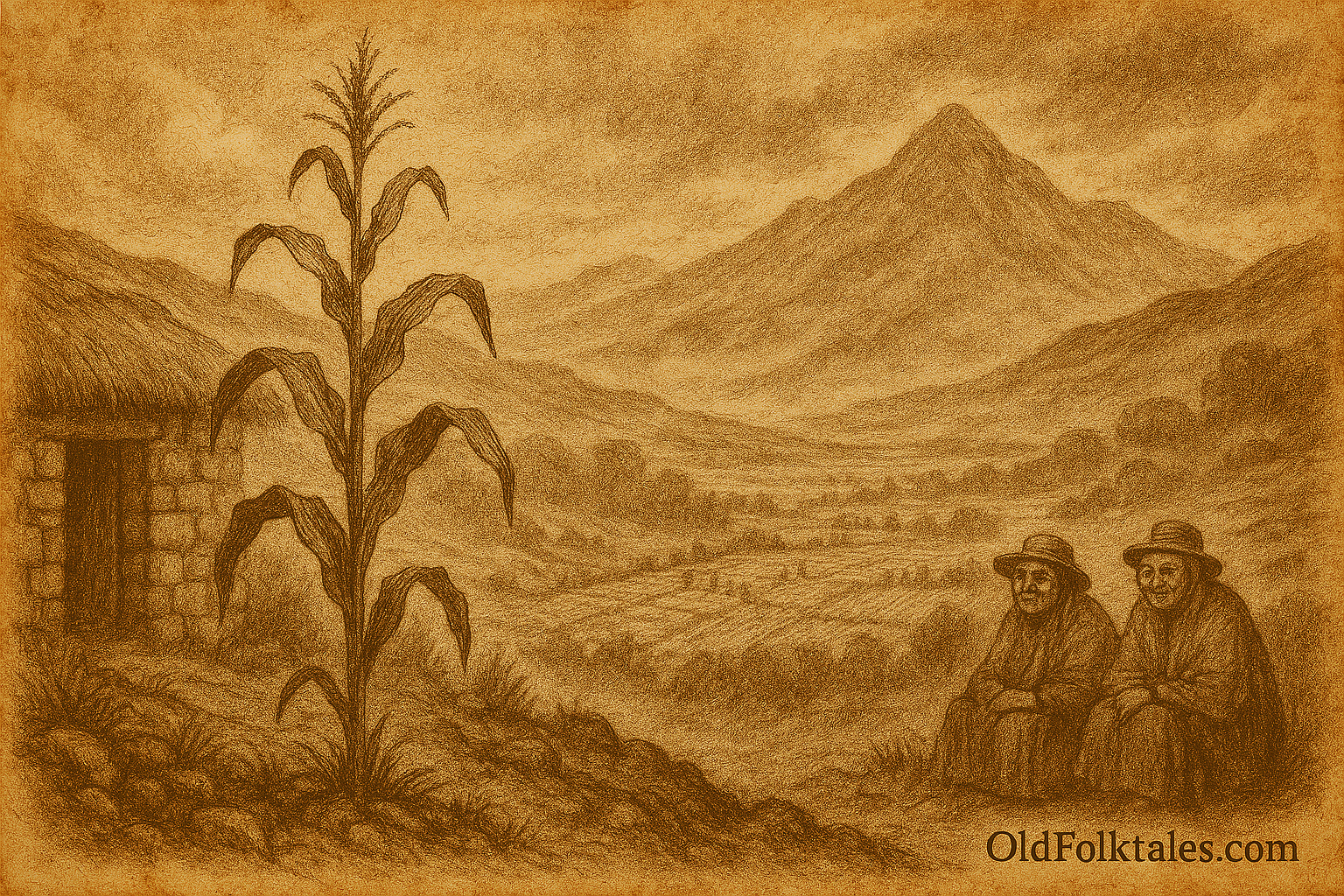 Sepia-toned illustration on aged rice parchment depicting a solitary maize plant standing tall on a misty Guatemalan mountainside, its stalk strong but bearing no ears. Below, communal fields glow with thriving crops tended by small figures working together. The background features mist-covered hills and a distant peak, symbolizing the K'iche' Maya teaching that sacred seeds flourish through shared care and ceremony. "OldFolktales.com" is inscribed at the bottom right corner.
