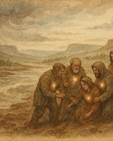 illustration of people helping each other after hardship, Salish folktale scene.