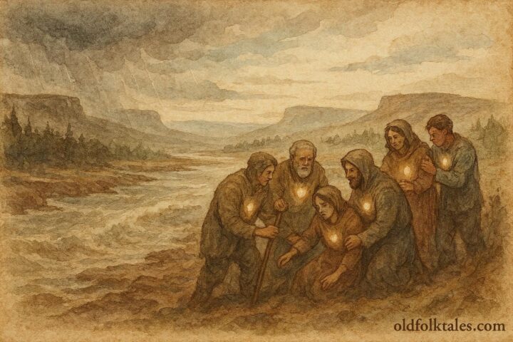 illustration of people helping each other after hardship, Salish folktale scene.