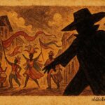 Parchment-style illustration of a Trinidadian Midnight Robber during Carnival, Afro-Caribbean folklore scene.