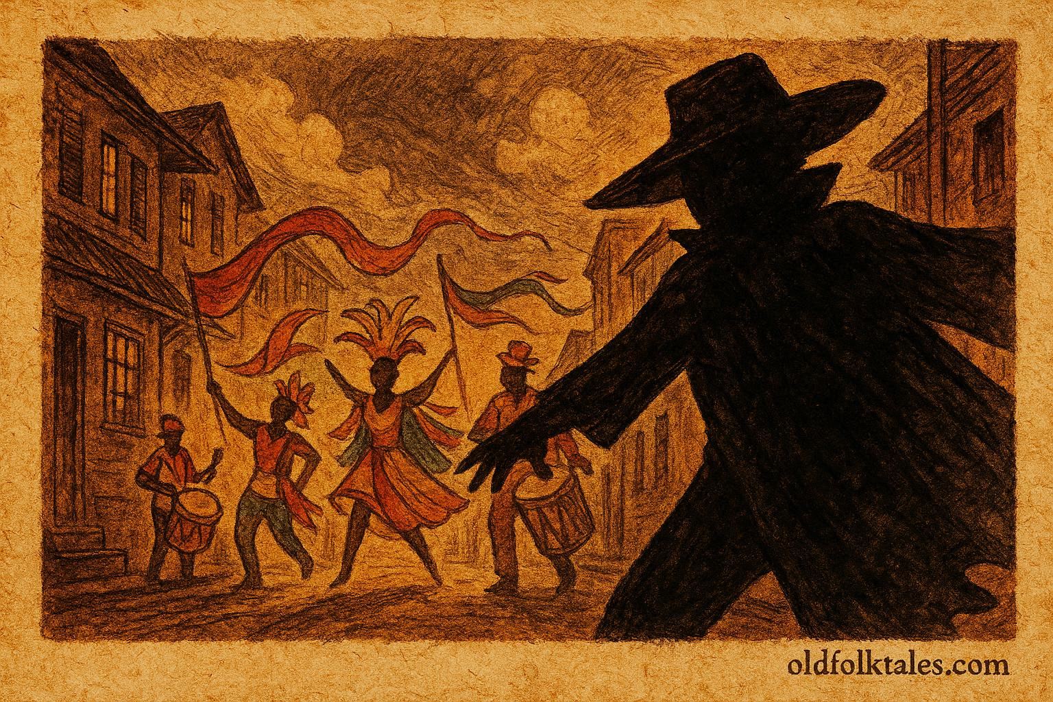 Parchment-style illustration of a Trinidadian Midnight Robber during Carnival, Afro-Caribbean folklore scene.