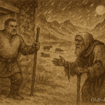 Sepia-toned parchment illustration of a Scottish Highland folktale. In the foreground, a wealthy herdsman stands in the doorway of a stone cottage, angrily brandishing a wooden staff at a frail old man outside. The beggar, cloaked in tattered robes and leaning on a gnarled staff, extends a pleading hand as snow swirls around him. Behind them, snow-covered fields stretch toward misty mountains, with cattle grazing and one lying motionless. Loch Treig glimmers darkly under a full moon, casting a cold glow over the scene. “OldFolktales.com” is inscribed at the bottom right.