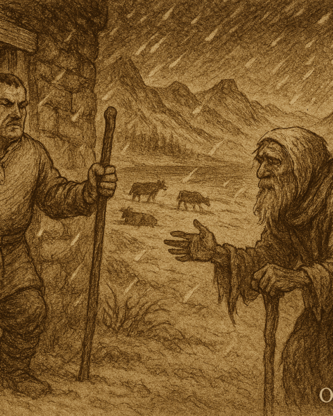 Sepia-toned parchment illustration of a Scottish Highland folktale. In the foreground, a wealthy herdsman stands in the doorway of a stone cottage, angrily brandishing a wooden staff at a frail old man outside. The beggar, cloaked in tattered robes and leaning on a gnarled staff, extends a pleading hand as snow swirls around him. Behind them, snow-covered fields stretch toward misty mountains, with cattle grazing and one lying motionless. Loch Treig glimmers darkly under a full moon, casting a cold glow over the scene. “OldFolktales.com” is inscribed at the bottom right.