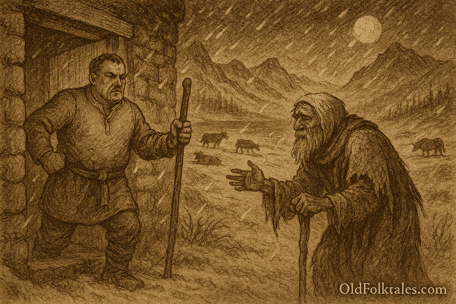 Sepia-toned parchment illustration of a Scottish Highland folktale. In the foreground, a wealthy herdsman stands in the doorway of a stone cottage, angrily brandishing a wooden staff at a frail old man outside. The beggar, cloaked in tattered robes and leaning on a gnarled staff, extends a pleading hand as snow swirls around him. Behind them, snow-covered fields stretch toward misty mountains, with cattle grazing and one lying motionless. Loch Treig glimmers darkly under a full moon, casting a cold glow over the scene. “OldFolktales.com” is inscribed at the bottom right.