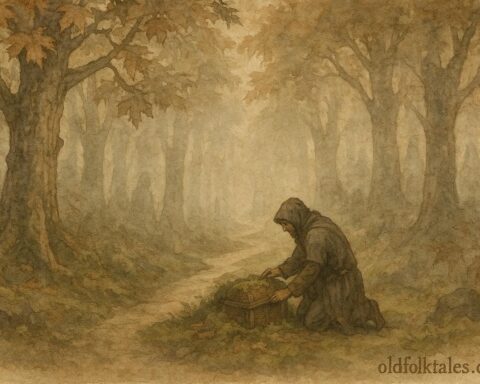 A traveler discovering a hidden spirit-guarded cache on a Quebec forest path, French-Canadian folktale.