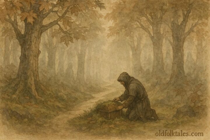 A traveler discovering a hidden spirit-guarded cache on a Quebec forest path, French-Canadian folktale.