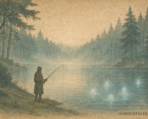 A fisherman encountering glowing lake spirits in a secluded Quebec forest, French-Canadian folktale scene.