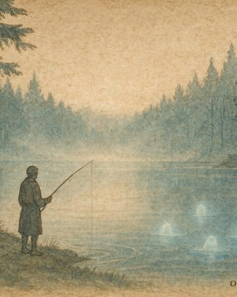 A fisherman encountering glowing lake spirits in a secluded Quebec forest, French-Canadian folktale scene.