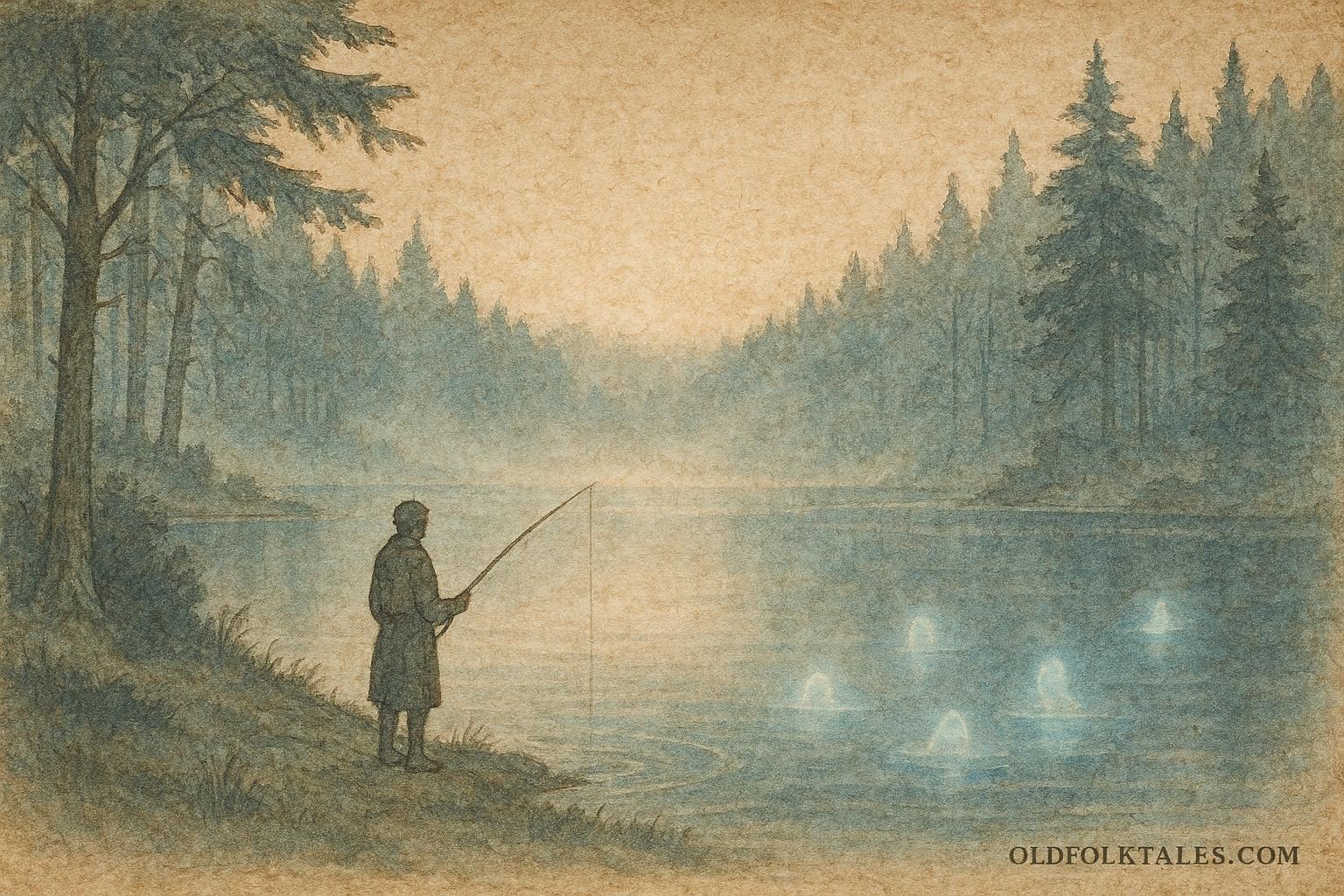 A fisherman encountering glowing lake spirits in a secluded Quebec forest, French-Canadian folktale scene.