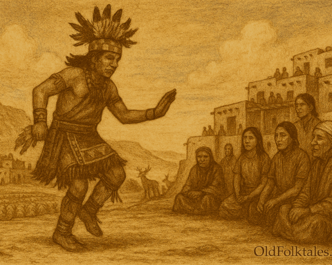 A sepia-toned illustration on aged parchment depicts a Hopi rain dancer performing in a sunlit mesa-top village in northeastern Arizona. The dancer is mid-motion, wearing traditional ceremonial attire including a feathered headdress, patterned tunic, ankle bells, and moccasins. His arms are raised in rhythmic gesture, and his expression is focused and reverent. Seated nearby, elders and villagers watch solemnly, dressed in woven garments and blankets. Behind them, multi-story adobe dwellings line the mesa, with additional villagers observing from rooftops. Terraced cornfields stretch across the arid landscape, and a wide sky with wispy clouds rises above distant sandstone formations. The scene conveys communal unity and sacred purpose. “OldFolktales.com” is inscribed in the bottom right corner.