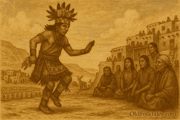 A sepia-toned illustration on aged parchment depicts a Hopi rain dancer performing in a sunlit mesa-top village in northeastern Arizona. The dancer is mid-motion, wearing traditional ceremonial attire including a feathered headdress, patterned tunic, ankle bells, and moccasins. His arms are raised in rhythmic gesture, and his expression is focused and reverent. Seated nearby, elders and villagers watch solemnly, dressed in woven garments and blankets. Behind them, multi-story adobe dwellings line the mesa, with additional villagers observing from rooftops. Terraced cornfields stretch across the arid landscape, and a wide sky with wispy clouds rises above distant sandstone formations. The scene conveys communal unity and sacred purpose. “OldFolktales.com” is inscribed in the bottom right corner.