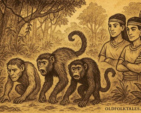 Parchment-style illustration of Hun Batz and Hun Choven being transformed into howler monkeys by the gods, Mayan folklore.