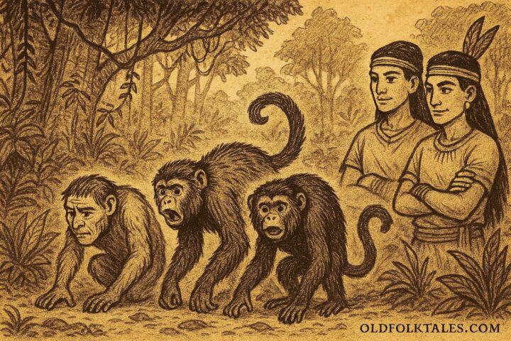 Parchment-style illustration of Hun Batz and Hun Choven being transformed into howler monkeys by the gods, Mayan folklore.