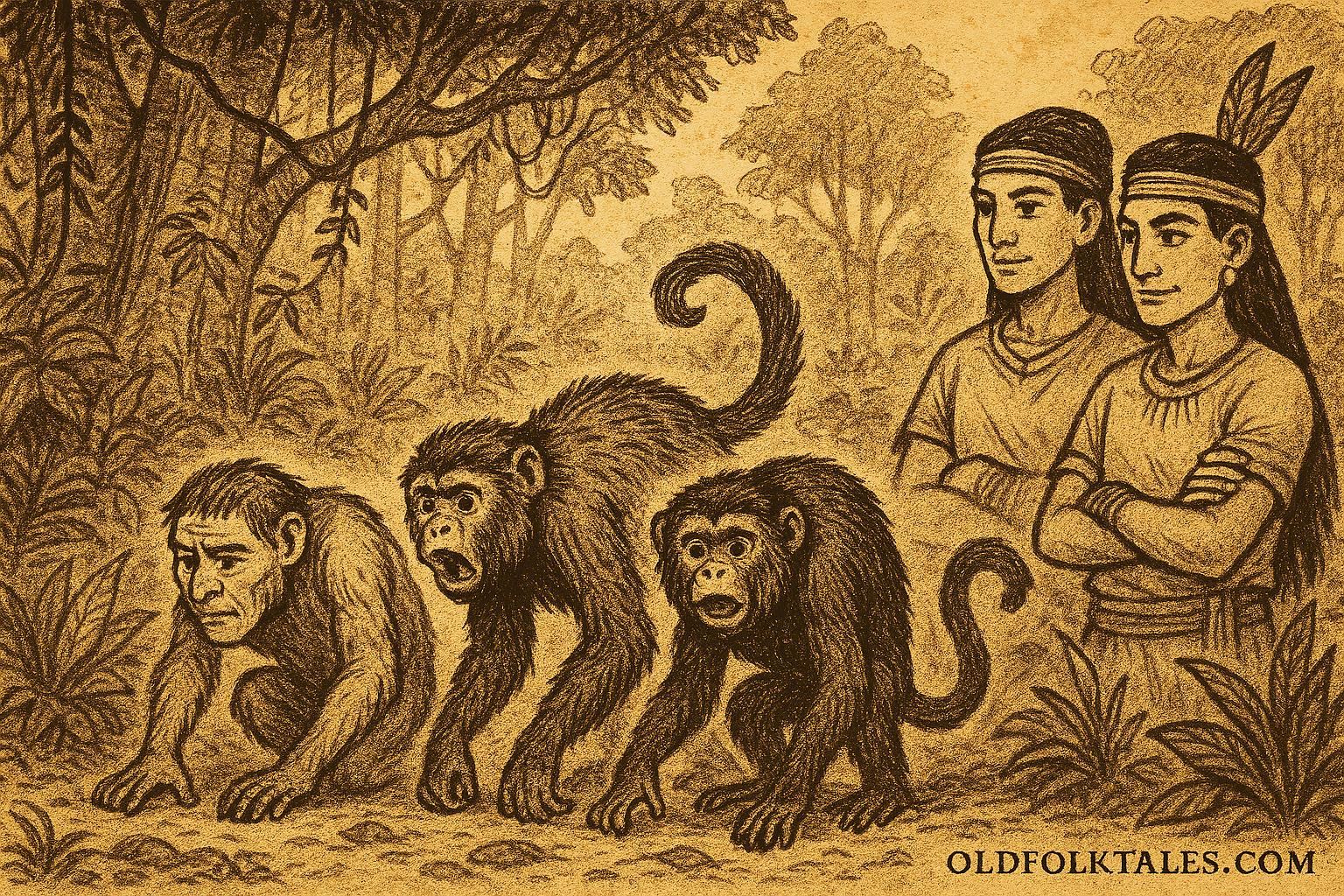 Parchment-style illustration of Hun Batz and Hun Choven being transformed into howler monkeys by the gods, Mayan folklore.