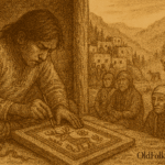 A sepia-toned illustration on aged parchment depicts a young Wixárika (Huichol) artist secretly working on a vivid yarn painting inside a rustic mountain dwelling in Mexico’s Sierra Madre. The youth sits cross-legged on the floor, pressing colorful yarn into a beeswax-coated wooden board to form sacred symbols of deer spirits and peyote. His expression is focused yet tense, reflecting impatience and reverence. The yarn painting glows faintly, suggesting spiritual energy. Around him lie balls of yarn and simple ceremonial objects. Through the open doorway, pine-covered slopes and deep canyons stretch beneath a shimmering sky, emphasizing the spiritual gravity of the act. “OldFolktales.com” is inscribed in the bottom right corner.