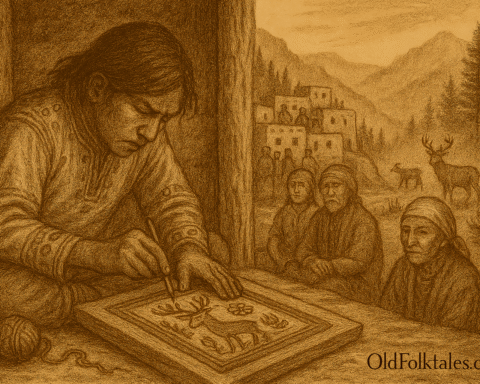 A sepia-toned illustration on aged parchment depicts a young Wixárika (Huichol) artist secretly working on a vivid yarn painting inside a rustic mountain dwelling in Mexico’s Sierra Madre. The youth sits cross-legged on the floor, pressing colorful yarn into a beeswax-coated wooden board to form sacred symbols of deer spirits and peyote. His expression is focused yet tense, reflecting impatience and reverence. The yarn painting glows faintly, suggesting spiritual energy. Around him lie balls of yarn and simple ceremonial objects. Through the open doorway, pine-covered slopes and deep canyons stretch beneath a shimmering sky, emphasizing the spiritual gravity of the act. “OldFolktales.com” is inscribed in the bottom right corner.