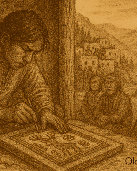 A sepia-toned illustration on aged parchment depicts a young Wixárika (Huichol) artist secretly working on a vivid yarn painting inside a rustic mountain dwelling in Mexico’s Sierra Madre. The youth sits cross-legged on the floor, pressing colorful yarn into a beeswax-coated wooden board to form sacred symbols of deer spirits and peyote. His expression is focused yet tense, reflecting impatience and reverence. The yarn painting glows faintly, suggesting spiritual energy. Around him lie balls of yarn and simple ceremonial objects. Through the open doorway, pine-covered slopes and deep canyons stretch beneath a shimmering sky, emphasizing the spiritual gravity of the act. “OldFolktales.com” is inscribed in the bottom right corner.