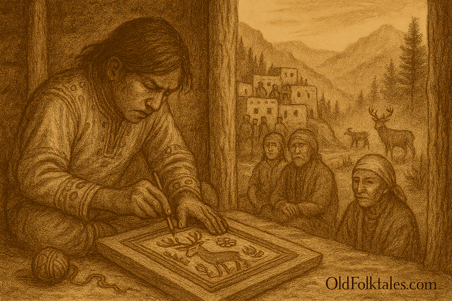 A sepia-toned illustration on aged parchment depicts a young Wixárika (Huichol) artist secretly working on a vivid yarn painting inside a rustic mountain dwelling in Mexico’s Sierra Madre. The youth sits cross-legged on the floor, pressing colorful yarn into a beeswax-coated wooden board to form sacred symbols of deer spirits and peyote. His expression is focused yet tense, reflecting impatience and reverence. The yarn painting glows faintly, suggesting spiritual energy. Around him lie balls of yarn and simple ceremonial objects. Through the open doorway, pine-covered slopes and deep canyons stretch beneath a shimmering sky, emphasizing the spiritual gravity of the act. “OldFolktales.com” is inscribed in the bottom right corner.