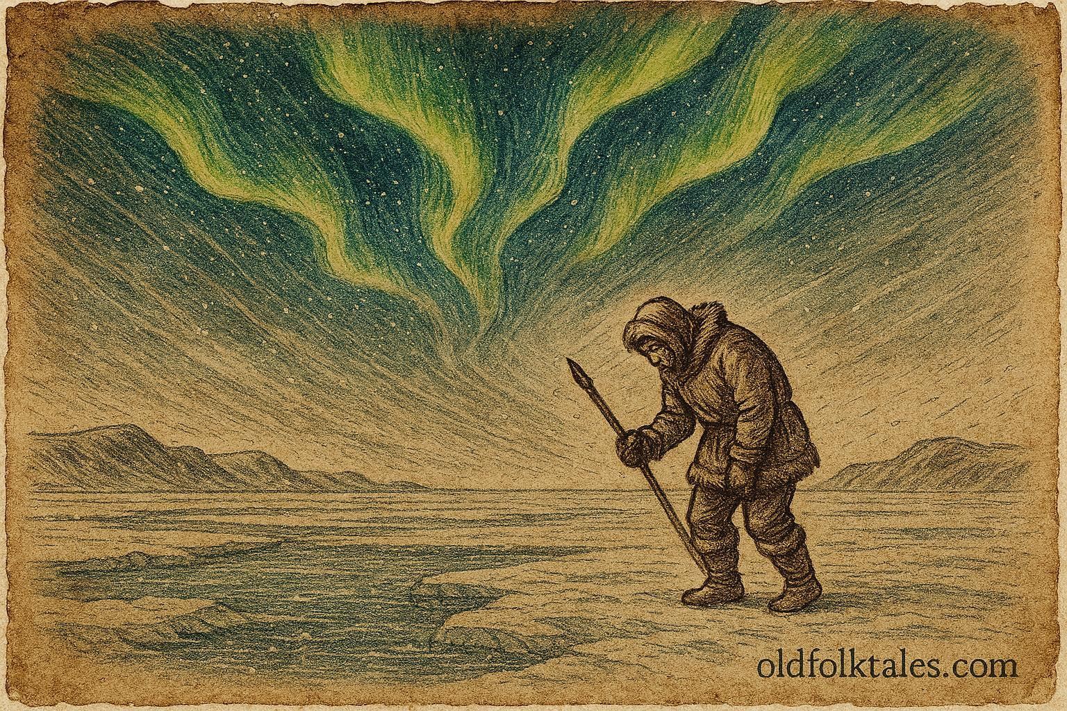 An Inuit hunter beneath intense Northern Lights, Arctic folklore scene.