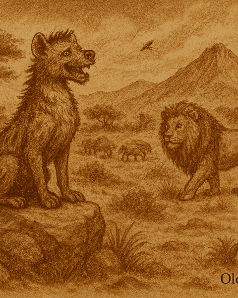 Sepia-toned illustration on aged rice parchment depicting a hyena awkwardly perched atop a rock, mimicking a lion’s regal pose. The hyena’s scraggly fur and sloping back contrast with the majestic lion walking confidently in the background. A monkey nearby glances back with amusement. The landscape features acacia trees, grazing animals, and distant Ethiopian highland mountains. Birds, including an eagle, soar overhead. The scene captures the hyena’s failed attempts at imitation and the natural dignity of other animals. “OldFolktales.com” is inscribed at the bottom right.
