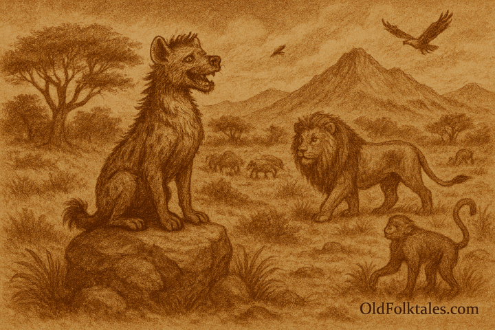 Sepia-toned illustration on aged rice parchment depicting a hyena awkwardly perched atop a rock, mimicking a lion’s regal pose. The hyena’s scraggly fur and sloping back contrast with the majestic lion walking confidently in the background. A monkey nearby glances back with amusement. The landscape features acacia trees, grazing animals, and distant Ethiopian highland mountains. Birds, including an eagle, soar overhead. The scene captures the hyena’s failed attempts at imitation and the natural dignity of other animals. “OldFolktales.com” is inscribed at the bottom right.