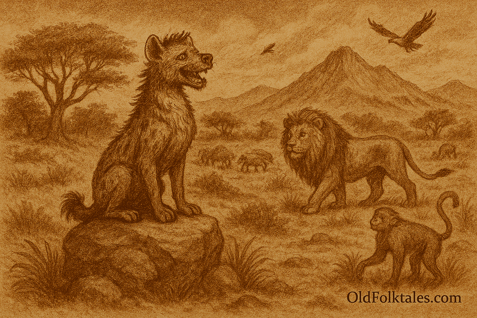 Sepia-toned illustration on aged rice parchment depicting a hyena awkwardly perched atop a rock, mimicking a lion’s regal pose. The hyena’s scraggly fur and sloping back contrast with the majestic lion walking confidently in the background. A monkey nearby glances back with amusement. The landscape features acacia trees, grazing animals, and distant Ethiopian highland mountains. Birds, including an eagle, soar overhead. The scene captures the hyena’s failed attempts at imitation and the natural dignity of other animals. “OldFolktales.com” is inscribed at the bottom right.