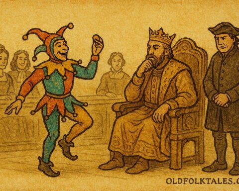 Parchment-style illustration of a jester revealing truth in a colonial court, Spanish Colonial Latin American folktale.