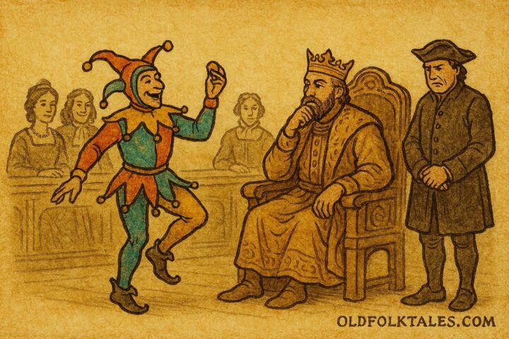 Parchment-style illustration of a jester revealing truth in a colonial court, Spanish Colonial Latin American folktale.