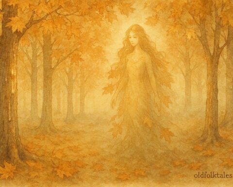 A forest spirit protecting maple trees in a Quebec grove, French-Canadian folktale scene.