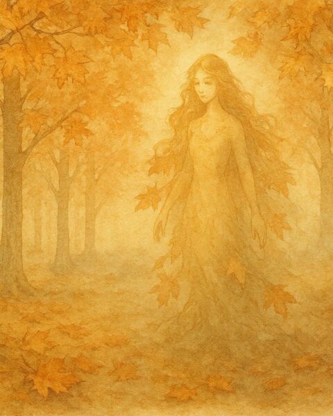 A forest spirit protecting maple trees in a Quebec grove, French-Canadian folktale scene.