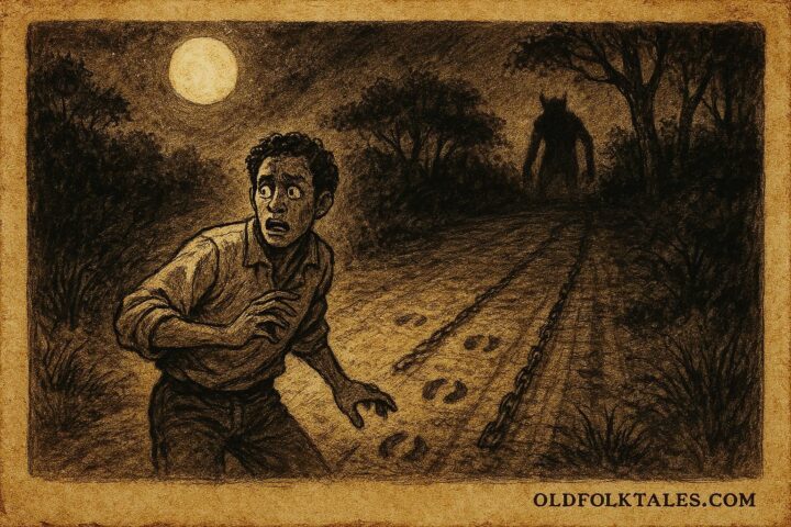 Parchment-style art showing chain drag marks on a moonlit road, evoking the Trinidadian Lagahoo shapeshifter legend.