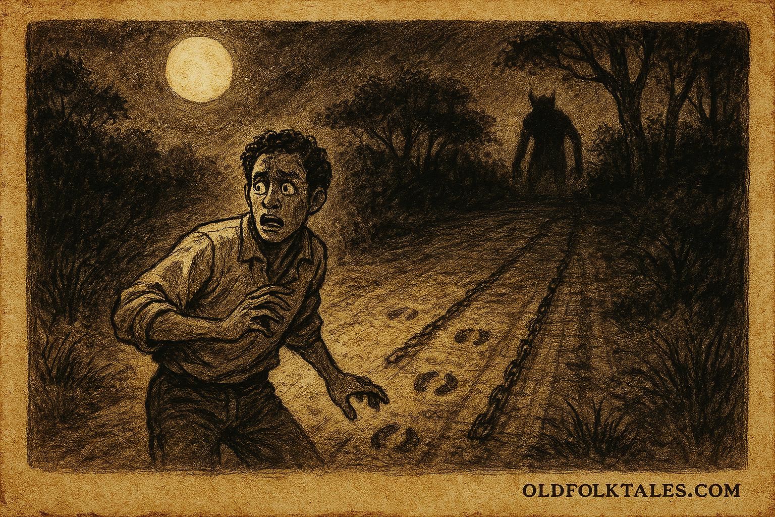 Parchment-style art showing chain drag marks on a moonlit road, evoking the Trinidadian Lagahoo shapeshifter legend.