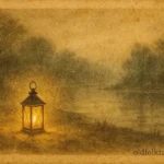 A glowing lantern guiding travelers near a foggy river in Quebec, French-Canadian folktale scene.