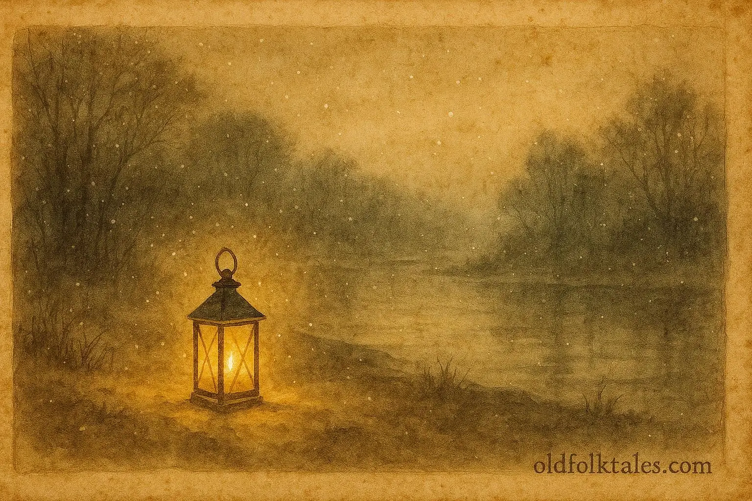 A glowing lantern guiding travelers near a foggy river in Quebec, French-Canadian folktale scene.