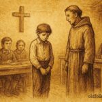 Parchment-style illustration of a colonial student facing failure, Mexican Spanish Colonial folktale.