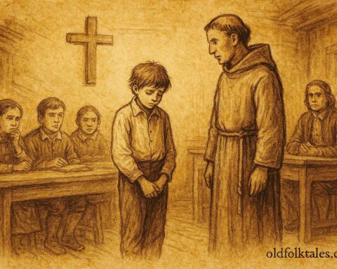 Parchment-style illustration of a colonial student facing failure, Mexican Spanish Colonial folktale.