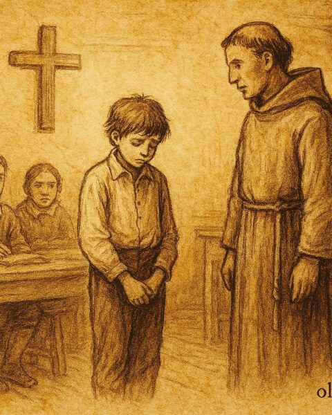 Parchment-style illustration of a colonial student facing failure, Mexican Spanish Colonial folktale.