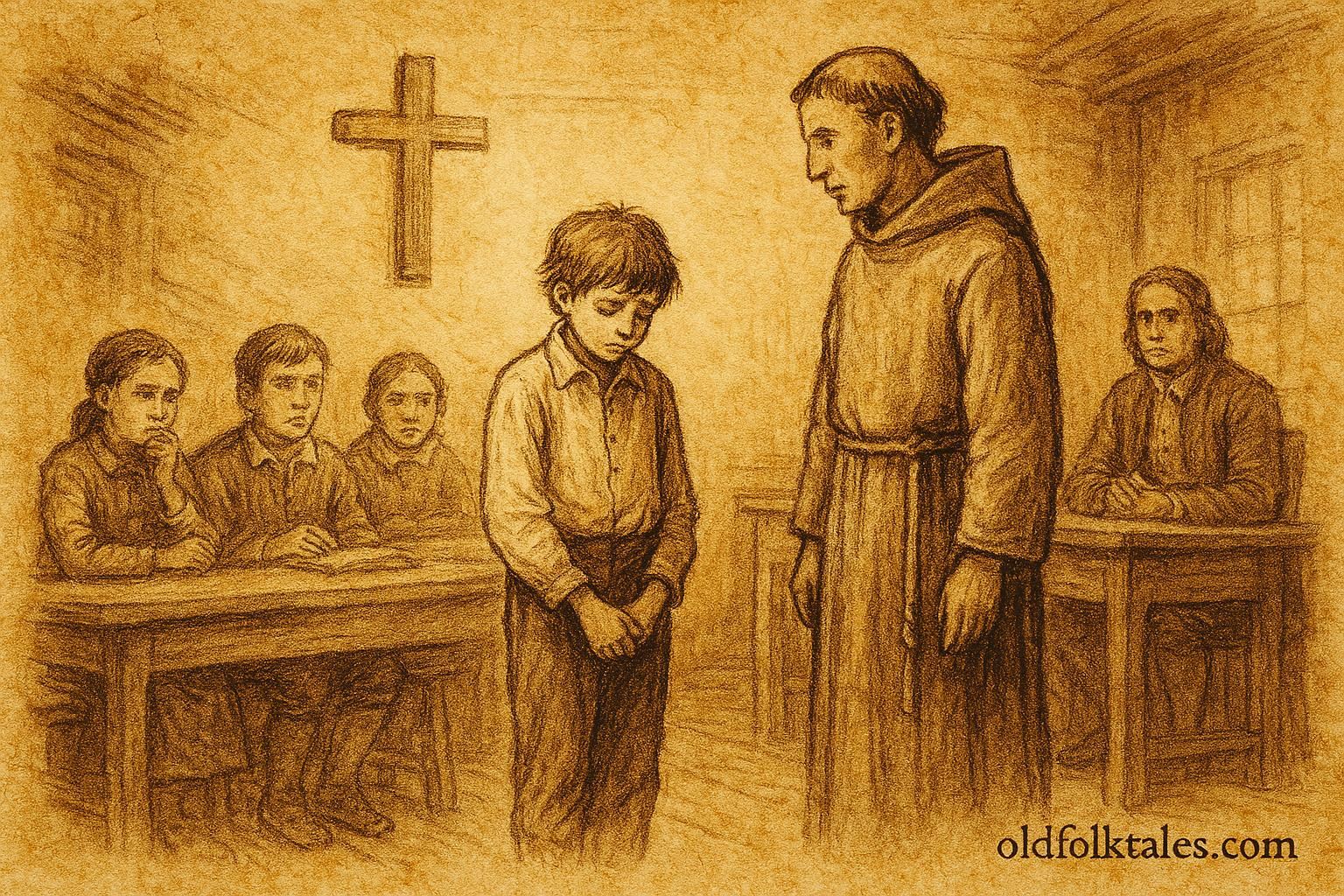 Parchment-style illustration of a colonial student facing failure, Mexican Spanish Colonial folktale.