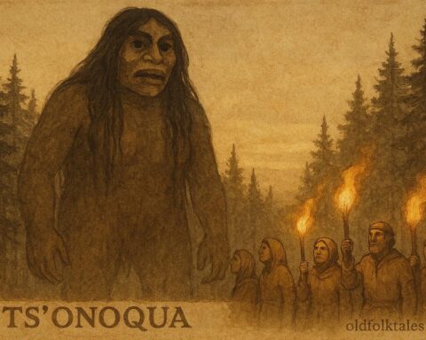 Ts’onoqua in a forest facing villagers, Kwakwaka’wakw folktale scene.
