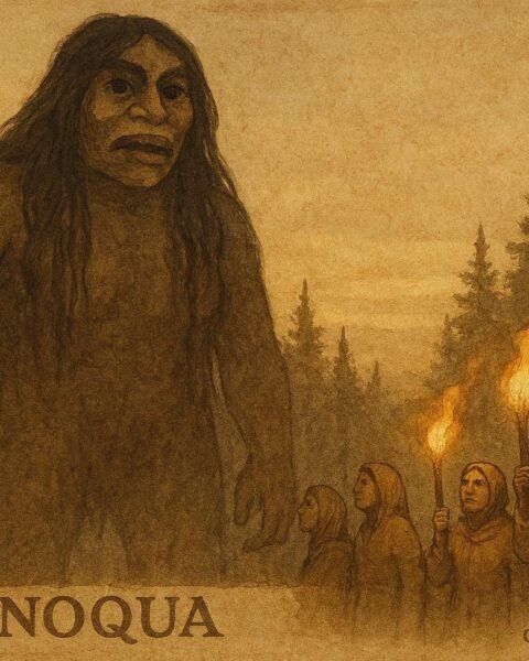 Ts’onoqua in a forest facing villagers, Kwakwaka’wakw folktale scene.