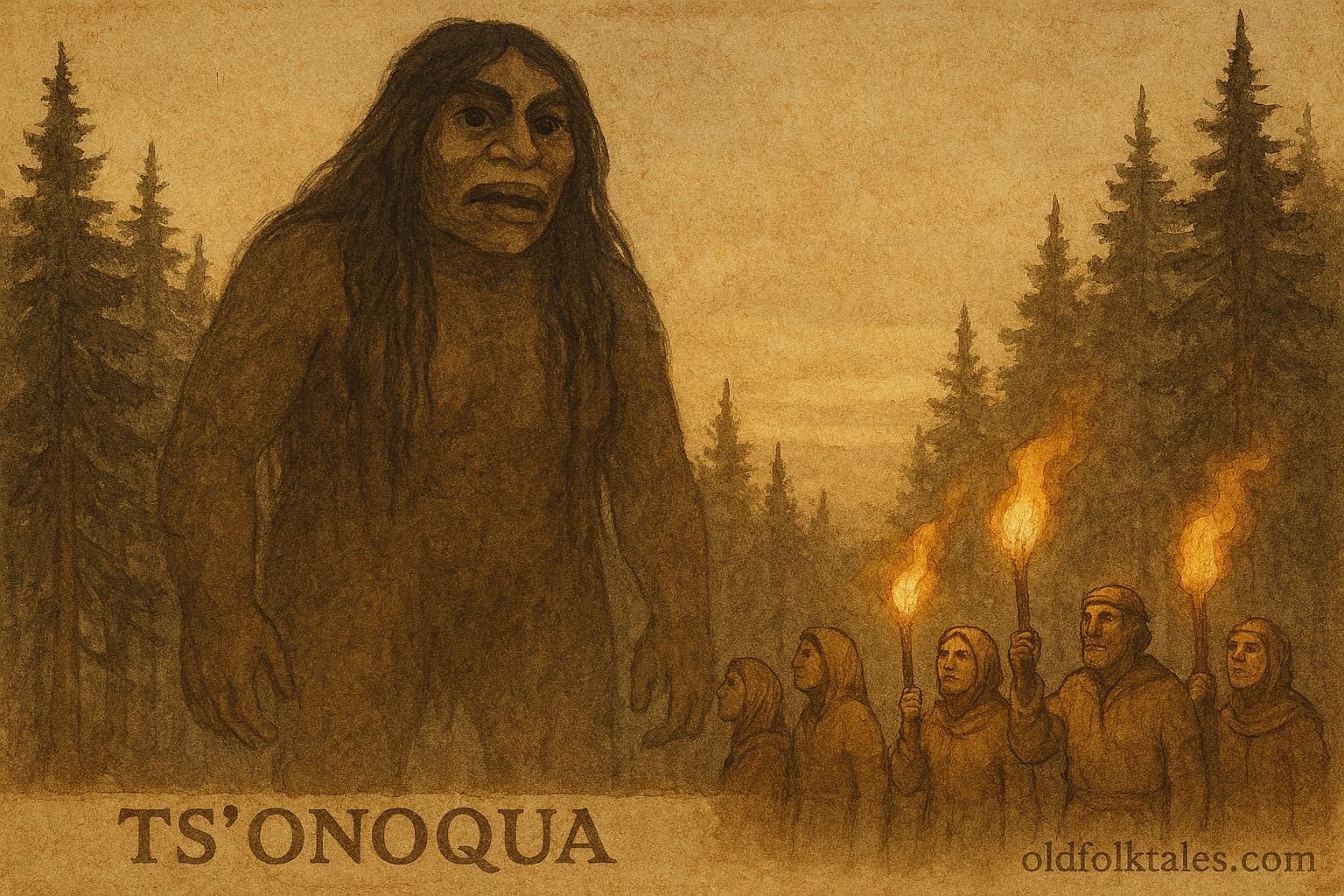 Ts’onoqua in a forest facing villagers, Kwakwaka’wakw folktale scene.