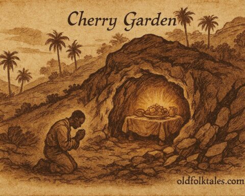 Parchment-style illustration of a humble man praying before a glowing golden table inside a cave, Jamaican folktale scene.