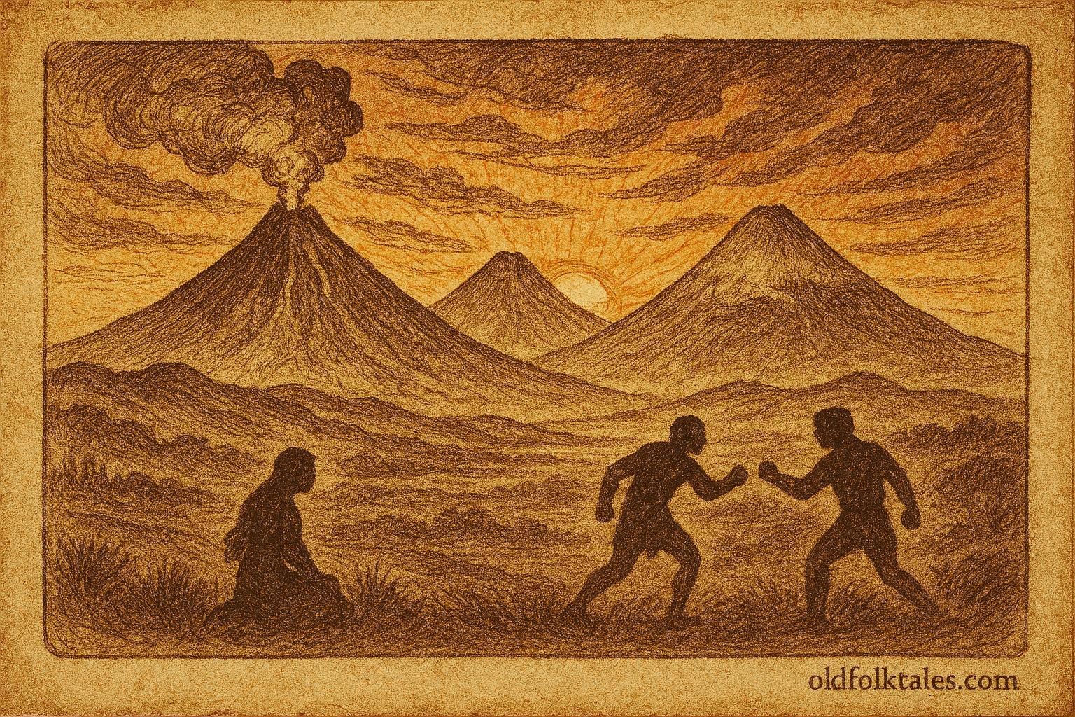 Parchment-style art of Guatemala's three volcanoes, Fuego, Acatenango, and Agua, from the legendary love story myth.