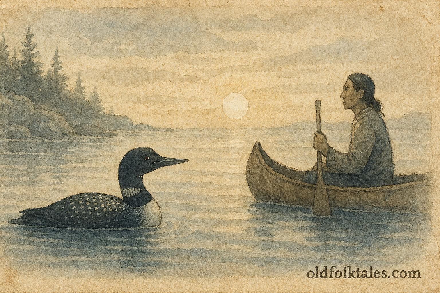 A loon with a white neck marking beside a canoe, Northwest Coast folktale.