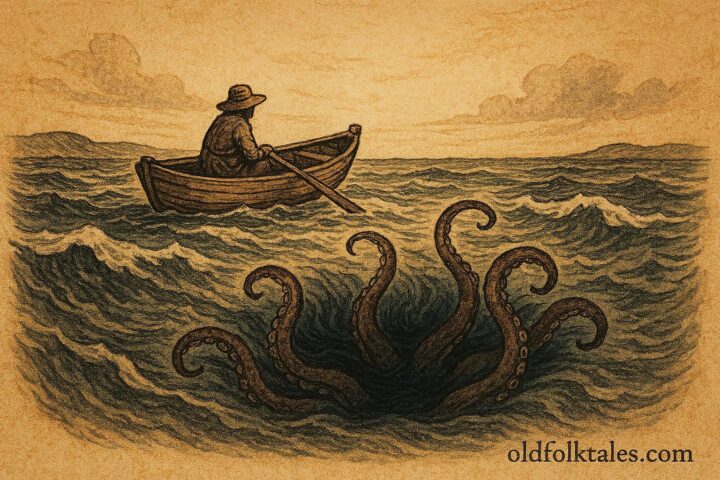 Parchment-style illustration of fishermen near a blue hole facing the Lusca, Bahamian folktale scene.