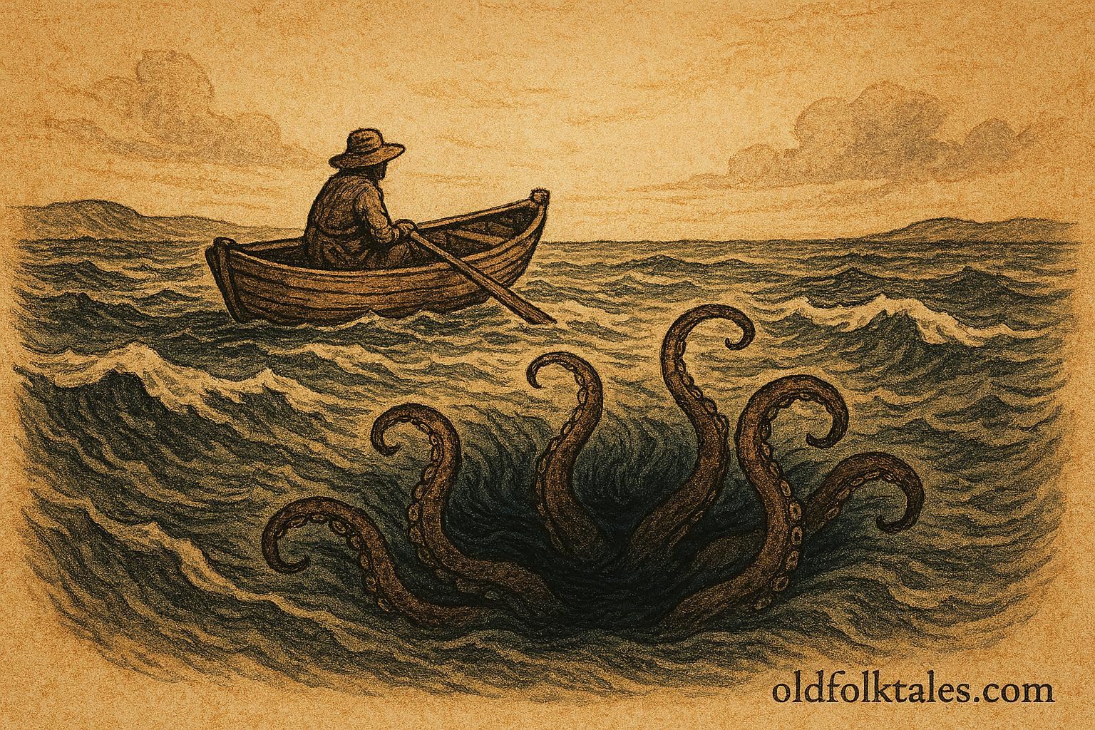 Parchment-style illustration of fishermen near a blue hole facing the Lusca, Bahamian folktale scene.