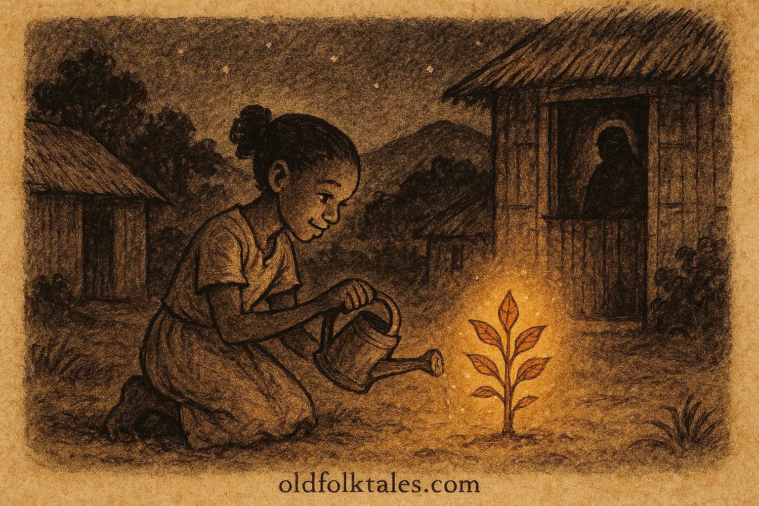 Parchment-style illustration of Cendrine planting the magic orange seed at night, a scene from a classic Haitian Cinderella folktale.