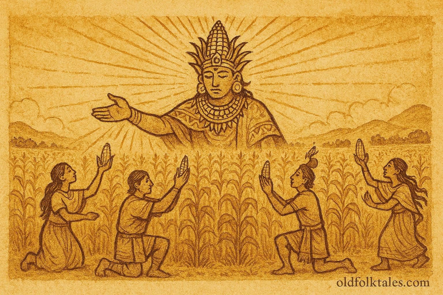 Parchment-style artwork of the Maize God blessing villagers, Mayan folklore scene, Mexico.