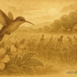 A hummingbird near cassava fields in a Taíno Caribbean folktale scene.