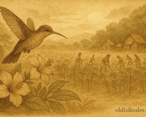 A hummingbird near cassava fields in a Taíno Caribbean folktale scene.
